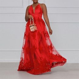 Plus Size Dresses Summer Maxi Dress Women's V Neck Halter High Waist Swing Embroidered Backless Female Red Sexy Mesh Party Lo2144