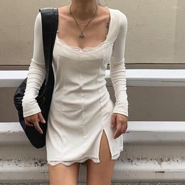 Casual Dresses Lace Trim Patchwork Longsleeve Bodycon Black Dress Women Elegant Cotton Girl Fashion Woman Summer Mini Sexy