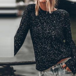 Women's Blouses Fashion O Neck Sequins Tee Shirts Autumn Spring Casual Shiny High Street Pullover Tops Elegant Long Sleeve Backless Club