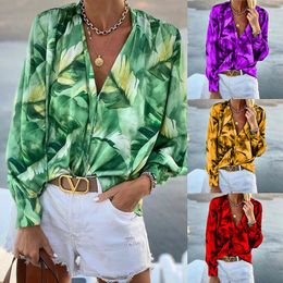 Women's Blouses Women Loose Boho Blouse Tops Spring Autumn V Neck Long Lanten Sleeve Leaf Floral Print Shirts BNS-H66126