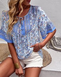 Women's Blouses Khalee Yose Boho Floral Printed Blouse Shirt Blue Vintage V-neck Sexy Summer Women Top Loose Laides Chic Holiday