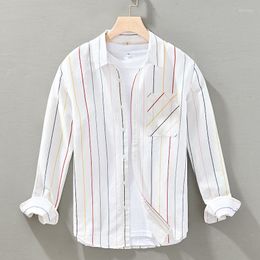 Men's Casual Shirts 2023 Men's Autumn All-Matching Striped Shirt Cotton And Linen Fashion Loose Lapel Long Sleeves