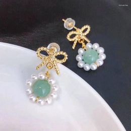 Stud Earrings Natural Fresh Water Pearl 14K Gold Injection Woven Jade Bow