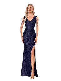 XUIBOL Women Elegant Sexy Deep V-Neck Sequins Evening Dress Luxury Formal Maxi Long Prom Blue Slit Beading Cocktail Dress