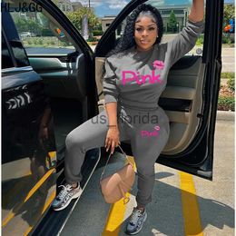 Women's Two Piece Pants HLJ GG Casual PINK Letter Pring Pullover and Pants Sets Women Round Neck Long Sleeve Top + Jogger Pants Two Piece Set Tracksuits J231111