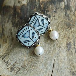 Dangle Earrings Fashion Round Imitation Pearl Vintage Silver Colour Metal Square Die-cast Pattern Flower