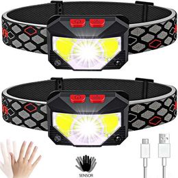 Head lamps 2 pack Powerful LED Headlight Sensor Head Light USB Rechargeable Headlamp Head Torch Waterproof Flashlights for Camping Hiking P230411