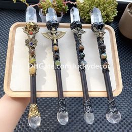 Natural Clear Quartz Point Power Scepter Crafts White Crystal Agate Beads Resin Magick Angel Wand Pagan Divine Altar Tools Ceremonial Durid Wiccan Spell Casting