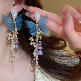 Dangle & Chandelier Sweet Yarn Butterfly Drop Earrings for Women Korean Style Long Tassel Crystal Dangle Earrings Jewelry