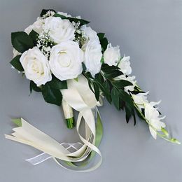 Waterfall Silk Rose Wedding Bouquet for bridesmaids Bridal Bouquets White Artificial Flowers Mariage Supplies Home Decoration191B