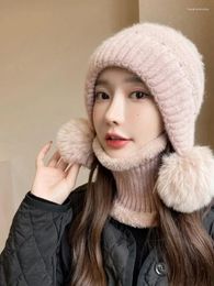 Berets Autumn And Winter Hats Women Wear Warm Ear Neck Protection Knitted Woolen Hat Scarf Two-piece Set Of Thick Plush