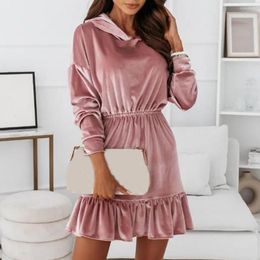 Casual Dresses Party Dress Sexy Long Sleeve Hood Mini A-line Drawstring Waist Ruffled Hem Slim Fit Tight Women Pleated