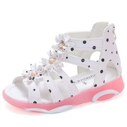 First Walkers Girls Flowers Flowers Kids Roman Children Gladiator Shoes Soft Leather with Dots Zipper Pearl Delling Toddler 1 12 years 230411
