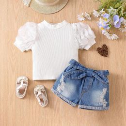 Clothing Sets Summer Girls' Set Children's Cotton Strip Mesh Bubble Short Sleeve Ripped Denim Shorts Two Piece Baby Girls