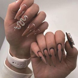 False Nails 24pcs/Set Long Stiletto Detachable Nude Full Rhinestone Snake Decal Artificial Nail Art Tips Press On