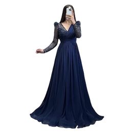 Eightale Elegant Evening Dresses Navy Blue Glitter V-Neck Pleats Chiffon Long Sleeves Prom Party Gown Graduation