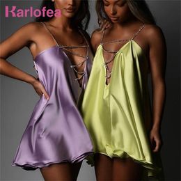 Karlofea Sexy Summer Dress Diamates Chain Strap Doule Layers Satin Mini Dresses For Women Vacation Outfits Club Party Clothing 220287P