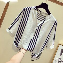 Women's Blouses Blouse Women Summer Top Striped Print Shirt Female Retro Work Wear Clothes Professional V-neck Tops And Oversized G276