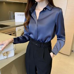 Women's Blouses Blue Satin Shirt Women Formal Tops 2023 Spring Fashion Turn-down Collar Long Sleeve White Business Top Office Lady Career