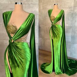 Arabic Green Velvet Prom Dresses Elegant Mermaid Beaded Sexy Open Split Formal Evening Dress Luxury Gowns 2023 For Women Party