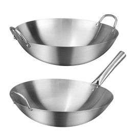 Pans Stainless Steel Non Stick Wok Chinese Handmade Double Ear Chef Fry Gas Cooker Coating Round Bottom Cooking Woks242z