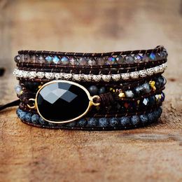 Charm Bracelets Native Inspired Designer Leather Bracelet Black Onyx Mix 5 Strands Woven Wrap Bangles Bohemian Jewellery Dropship 230410