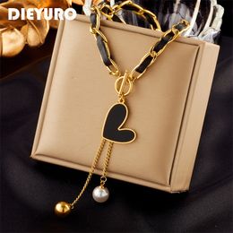 Chokers DIEYURO 316L Stainless Steel Black Heart Pearl Ball Pendant Necklace For Women Fashion Girls OT Clasp Leather Chain Jewelry Gift 230410