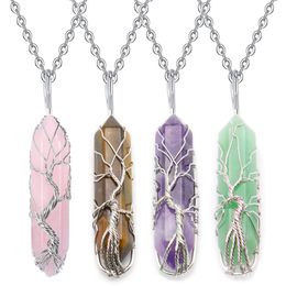 Tree Of Life Crystal Necklaces Natural Gem Stone Quartz Necklace Pendant Chakra Hexagonal Bullet Amethysts Lapis Lazuli Jewelry