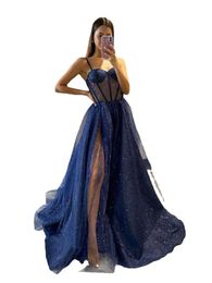 Glitters Tulle Evening Dress Long Sweetheart Spaghetti Strap A Line Navy Blue Burgundy Prom Gown Formal Party Women Dress