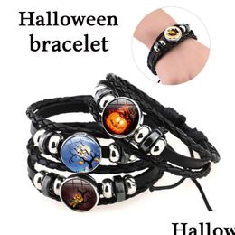 12 Style Halloween Pumpkin Pattern Charm Bracelet Time Gem Cabochon Leather Chain Bracelets Retro Hand-Woven Beaded Adjustable Hand Dr Dh1Is