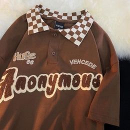 Men's TShirts Summer American Vintage Plaid POLO Collar Graphic T Shirts Retro Brown Harajuku Oversized Couples Tees Students Large 2XL 230411