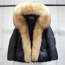 Big Natural Silver Fox Fur Collar Hooded Oversized Duck Down Jacket Winter Women Puffer Coat Real Fur Female Parkas