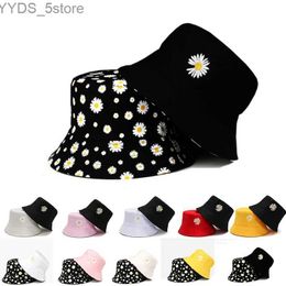 Wide Brim Hats Bucket Hats Summer Double-Sided Daisy Bucket Hats Women's Embroidery Hip Hop Panama Bob Caps Folded Beach Sun Fisherman Hat for Ladies Mens YQ231111