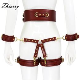 Adult Toys Thierry SM Restraints PU Bondage Set Include Waist Belt Handcuffs Legcuffs Cross Buckle Games Sex for Women 230411