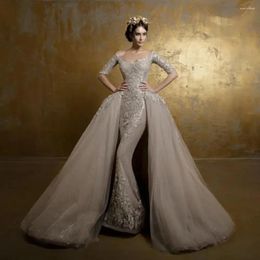 Party Dresses Gergeous Shiny Lace Evening Gowns With Detachable Train Appliques Dubai 2 Pieces Bridal Dress Half Sleeves