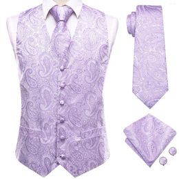 Men's Vests Light Purple Silk Paisley Necktie Handkerchief Cufflinks Sleeveless Suit Waistcoat Sets Wedding Designer Gift Hi-Tie