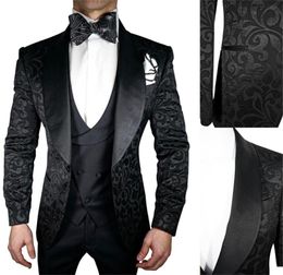 Men's Suits & Blazers 3 Pieces Black Men Jacquard High Quality Wedding Tuxedos Peaked Lapel Blazer Pant Vest Tailored Formal Male Clothing