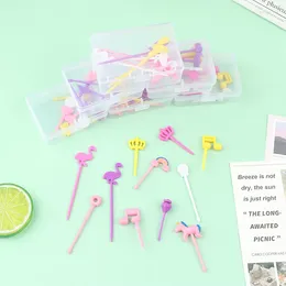 Forks 6/8/10Pcs Children Cartoon Fruit Fork Transparent Box Party Decoration Lunch Bento Salad Dessert Accessories Kitchen Tools