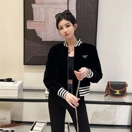 p Family 23 Autumn/winter New Fashion Triangle Decorative Stripe Contrast Velvet Short Baseball Coat