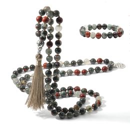 Pendant Necklaces 8mm African Blood Stone Beaded Necklace Bracelet 108 Mala Prayer Beads Meditation Yoga Japamala Set Jewelry for Men and Women 231110