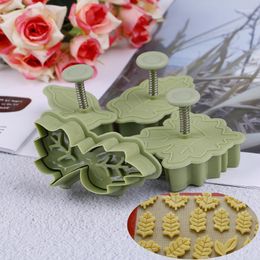 Baking Moulds 4 Pcs/set Kinds Of Leaf Shape Plastic Cookie Cutters Set Pastry Cake Biscuit Mold Spring Plunger Tools