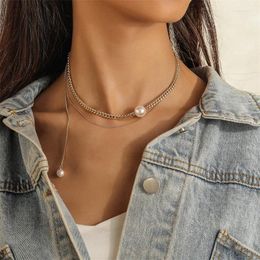 Chains WeSparking EMO Gold Plated Double Chain Trendy Hip Hop Pearl Necklace Clavicle For Women