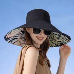 Wide Brim Hats Two Sides Summer Women Bucket Hat 18cm Large Plant Printing Cotton Sun Light Breathable Outdoor Travel Beach Cap