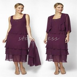 Elegant Purple Mother Of The Bride With Jacket Two Pieces Tiered Tea Length Chiffon Wedding Guest Dress Reception Mom Evening Party Formal Dress Robe de Soiree 2024