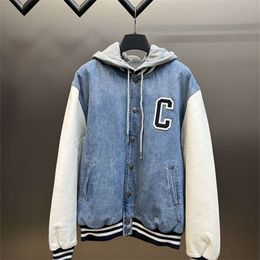 High Edition c Family New Letter Embroidery Unisex Casual Loose Panel Leather Sleeve Hooded Zipper Baseball Jersey