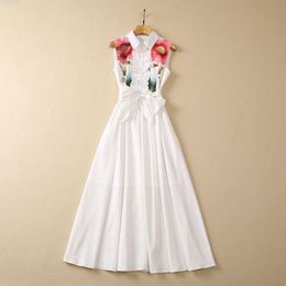 European and American Womens Clothes Summer New Lapel Floral Print Belt Sleeveless Fashion Pleated Dress xxl