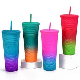 Mugs Double-Layer Durian Cup Diamond Radiant Straw Large Capacity Coffee Summer Cold Tumbler Studded 710ml243v