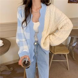 Women's Knits Hstar Womens Autumn Loose Fit Knitted Purple Cardigan Sweater Long-Sleeve V Neck Office Lady Argyle Plaid Sweatshirt Top