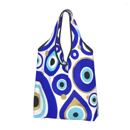 Shopping Bags Reusable Evil Eye Charms On White Bag Women Tote Portable Moroccan Nazar Groceries Shopper