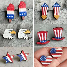 Dangle Chandelier American Independence Day EaringsFlag Round Heart Star Sun Flower Flag Colour Matching Wood Ear Studs Jewellery Wholesale Z0411